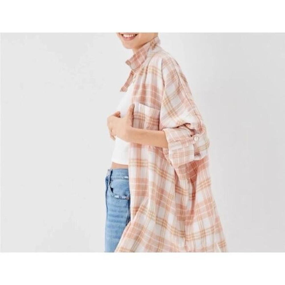 American Eagle Outfitters Peach and White Plaid Button Down Oversized Tunicshirt